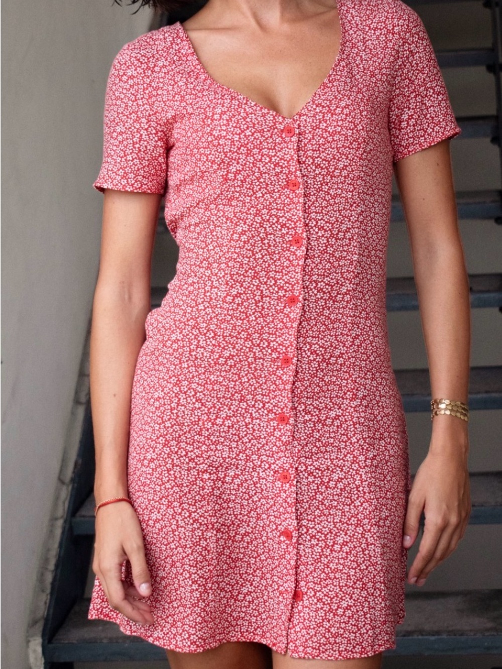 H&M Red Floral Button-Down Mini Dress